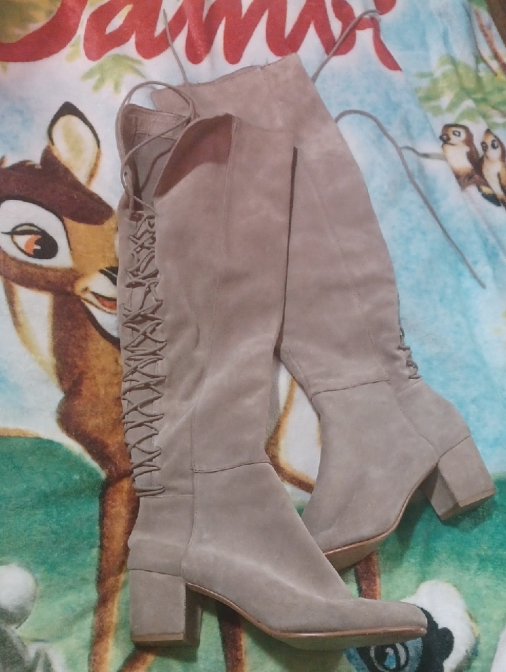 STEVE MADDEN Real Suede Over The Knee Lace-Up Block Heel Boots Taupe 10